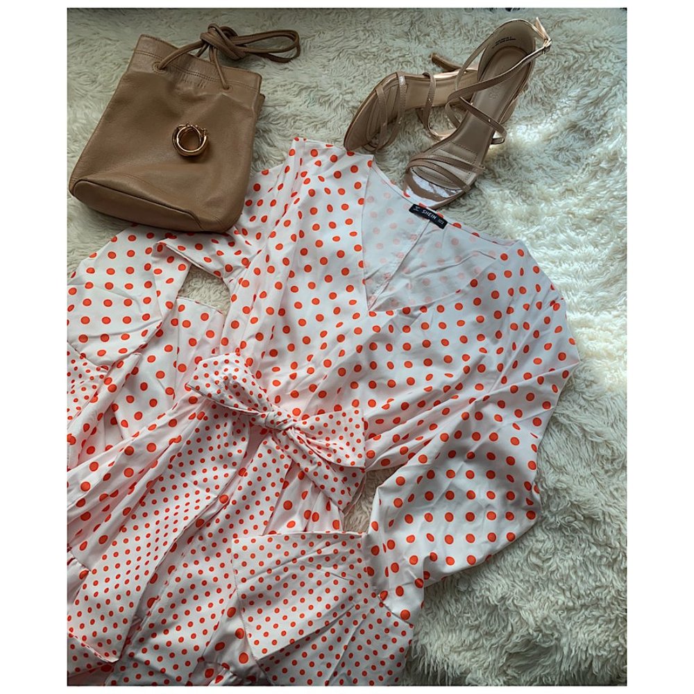 Long Sleeve Polka Dot Dress (Orange + White)